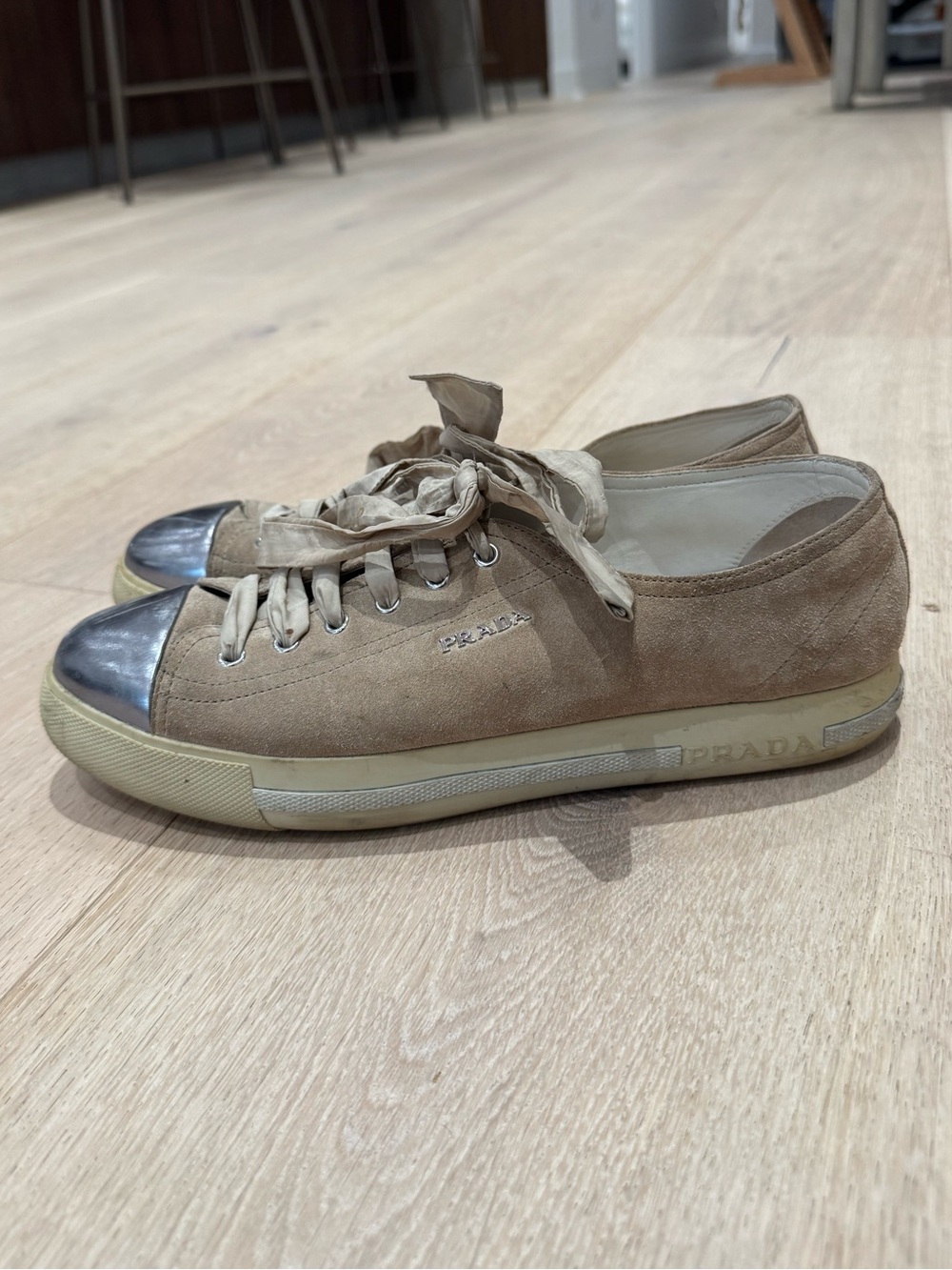 Prada Women’s Tan Suede Sneakers with Silver Metallic Toe